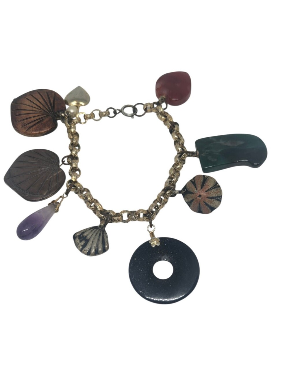 Gold Tone Mixed Charm Bracelet with Black Donut and Multicolor Charms